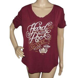 Hard Rock Cafe T-shirt Womens Size Medium Burgundy couture lace-up V-Neck